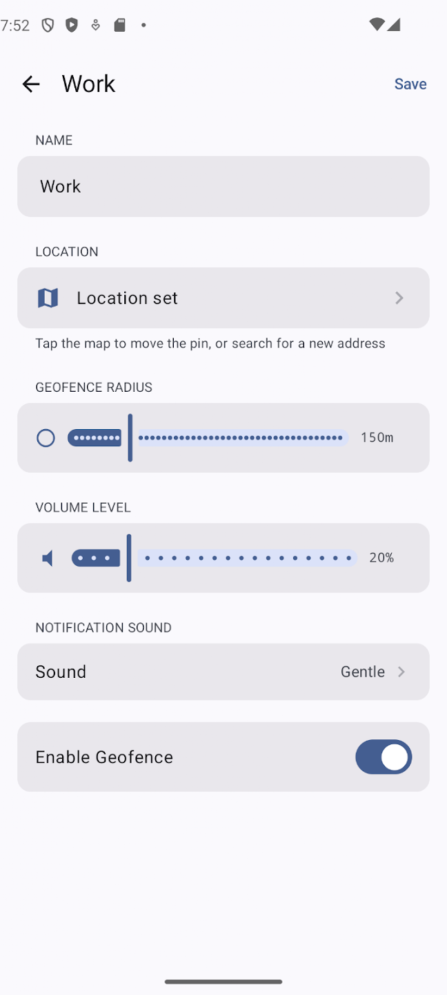 Zone editor for Work showing a 150 metre geofence radius and a 20 percent volume level
