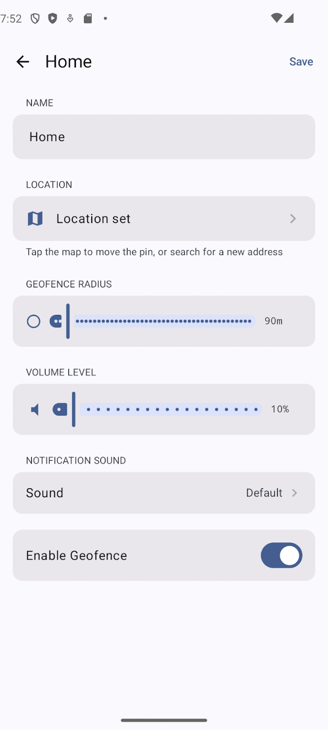 Zone editor for Home showing notification sound selection and a geofence toggle